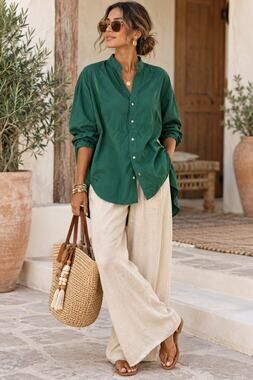 Frank & Eileen Victoria Shirt M Green Italian Cotton Oversized Button Down